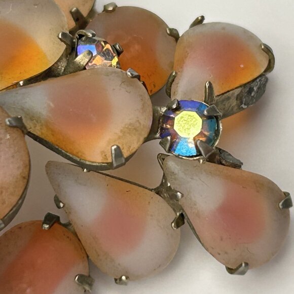 Vintage 1950s Orange Givre Glass Cabochon Arora Borealis Rhinestone Brooch - Picture 4 of 15